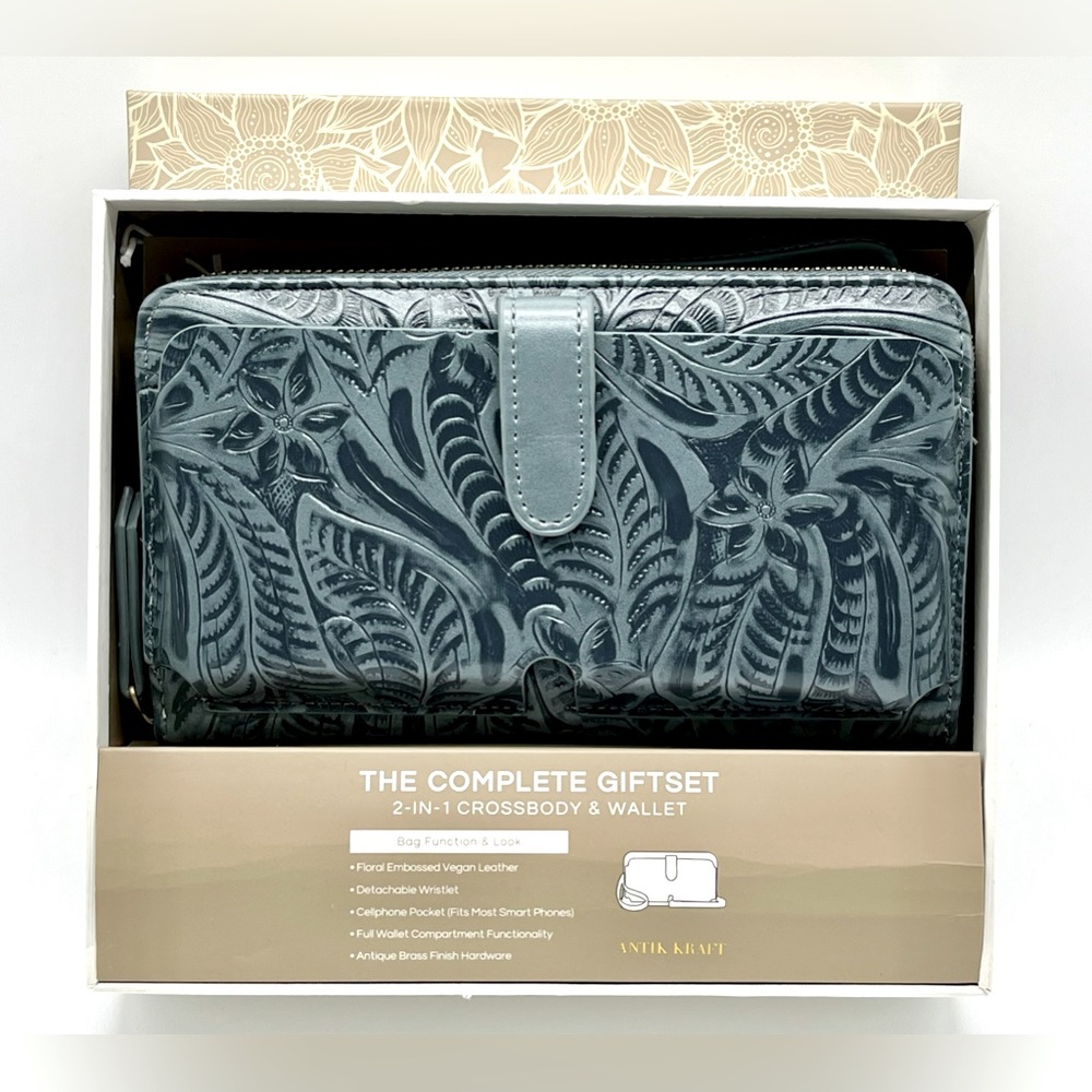 NIB Antik Kraft Blue 2-in-1 Crossbody & Wallet Gift Set